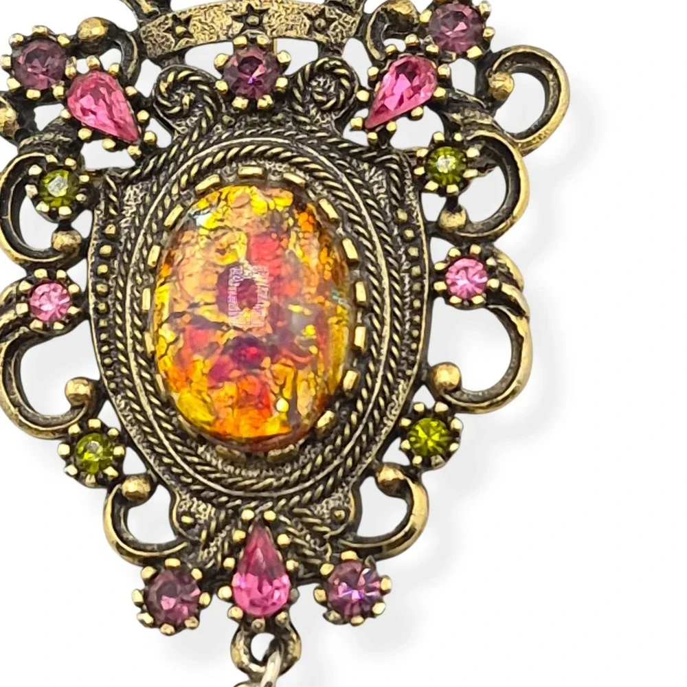 Sarah Coventry Contessa Brooch Pendant Faux Fire Opal Rhinestone 1974 Vintage